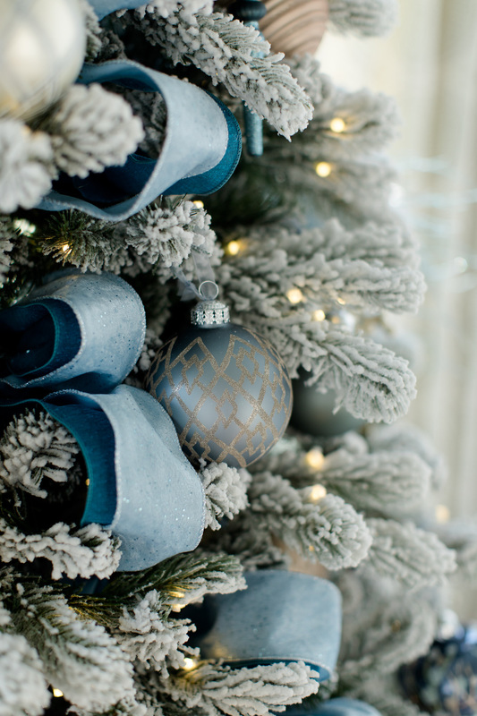 Frontgate ornaments from the French Blue and Linen collection. Ribbon is from Michael's.